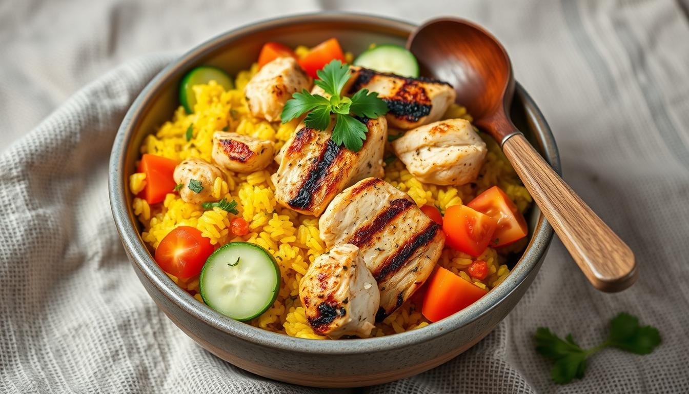 Mediterranean Chicken Yellow Rice Bowls