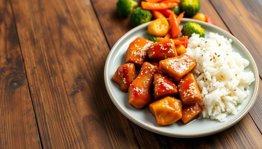 honey ginger chicken with rice and veggies