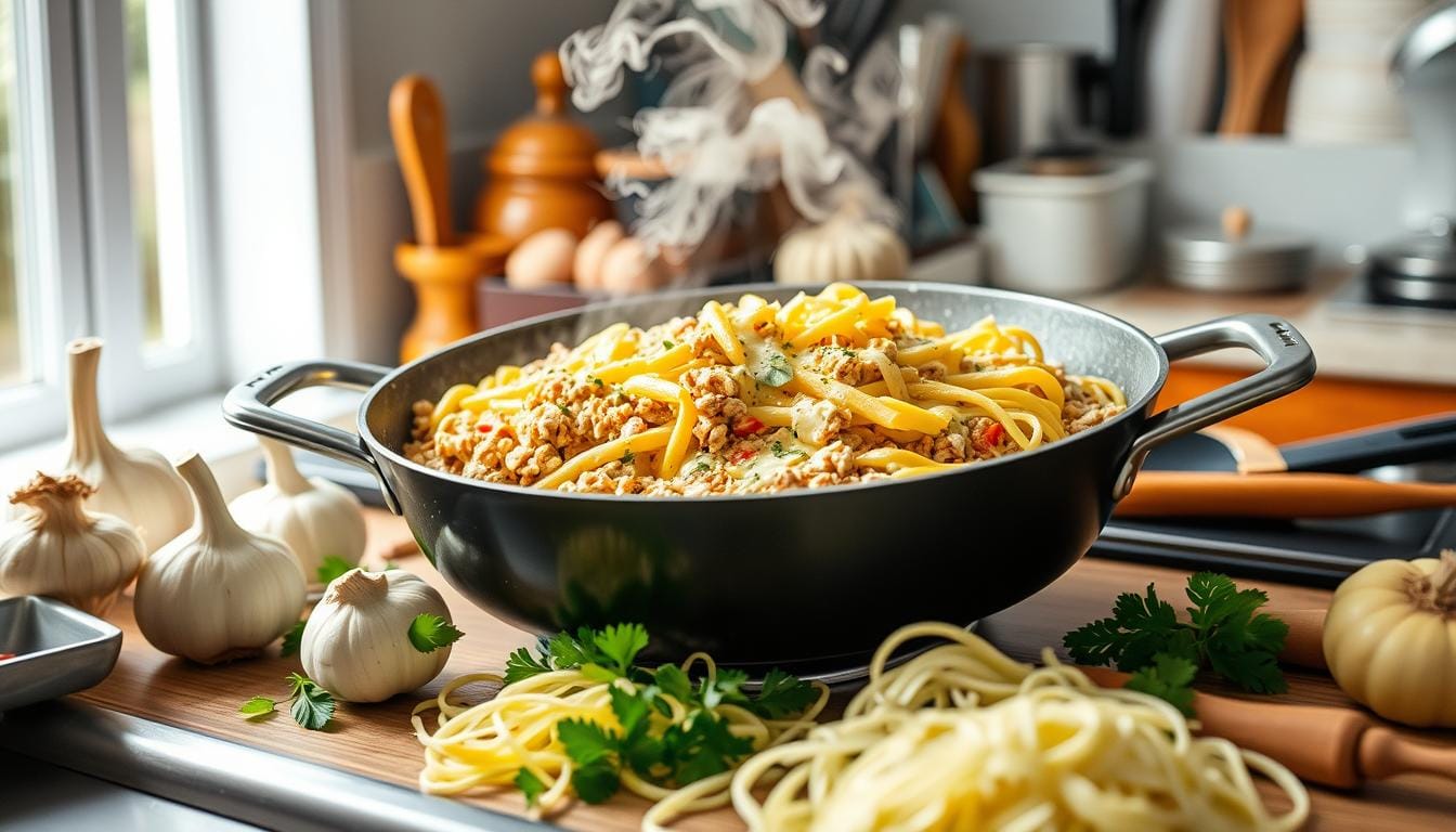 One-Skillet Cheesy Ground Chicken Pasta Cooking Process