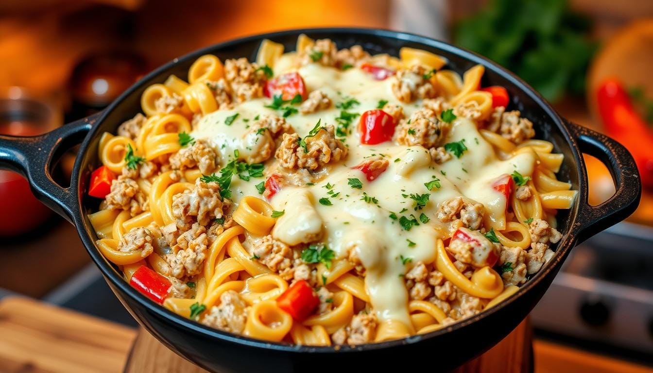 one-skillet cheesy ground chicken pasta recipe