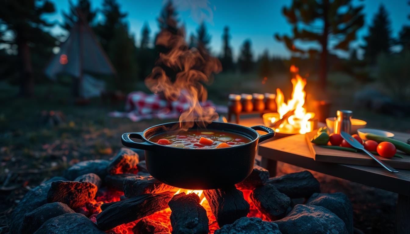 Campfire Dutch Oven Soup Cooking